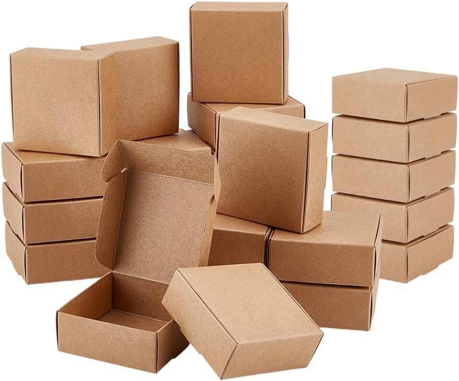 50Pcs Small Cardboard Boxes 3x3x1.2 Inch Square Jewelry Kraft Box Corrugated Mailer Box Brown Cardboard Present Boxes