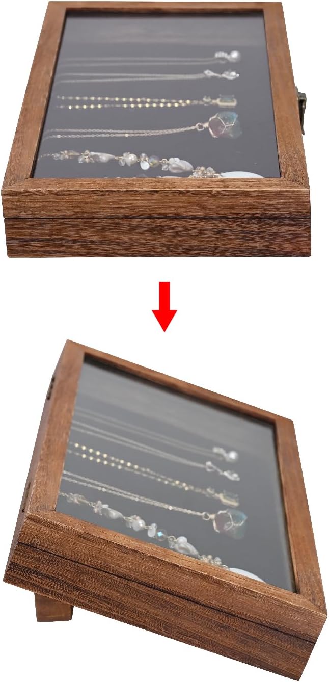 Wooden Jewelry Display Case with Tempered Glass Top, Velvet Pad | Brown wood display case with tempered-glass top