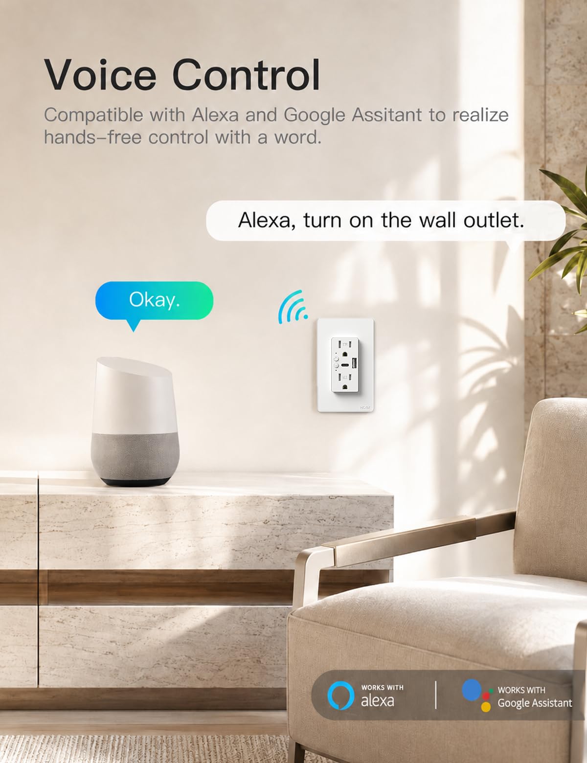 MOES Smart in-Wall Outlet, USB-C & USB-A, 15A, 2.4GHz WiFi, No Hub Required