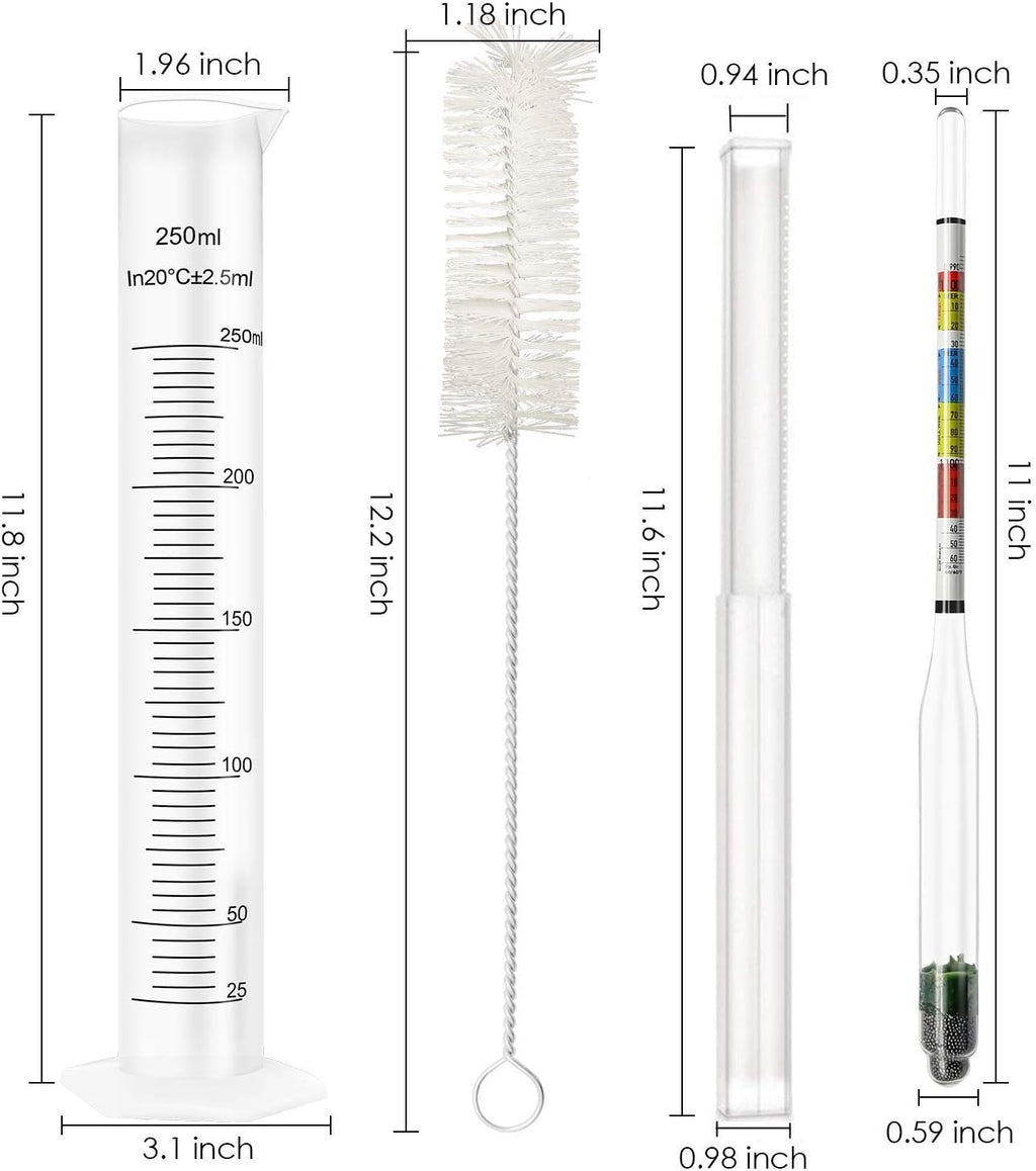 Hydrometer and Test Jar for Wine, Beer and Kombucha - Including 250ml Plastic Cylinder, Cleaning Brush and ABV