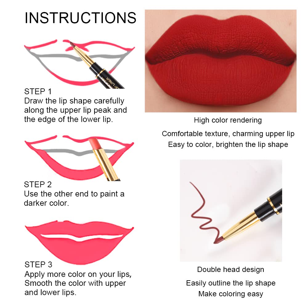 6Pcs Red Lip Liner and Lipstick Lip Stain Crayon Gift Set for Women Dark Deep Red Nude Long Lasting 24 Hour Matte
