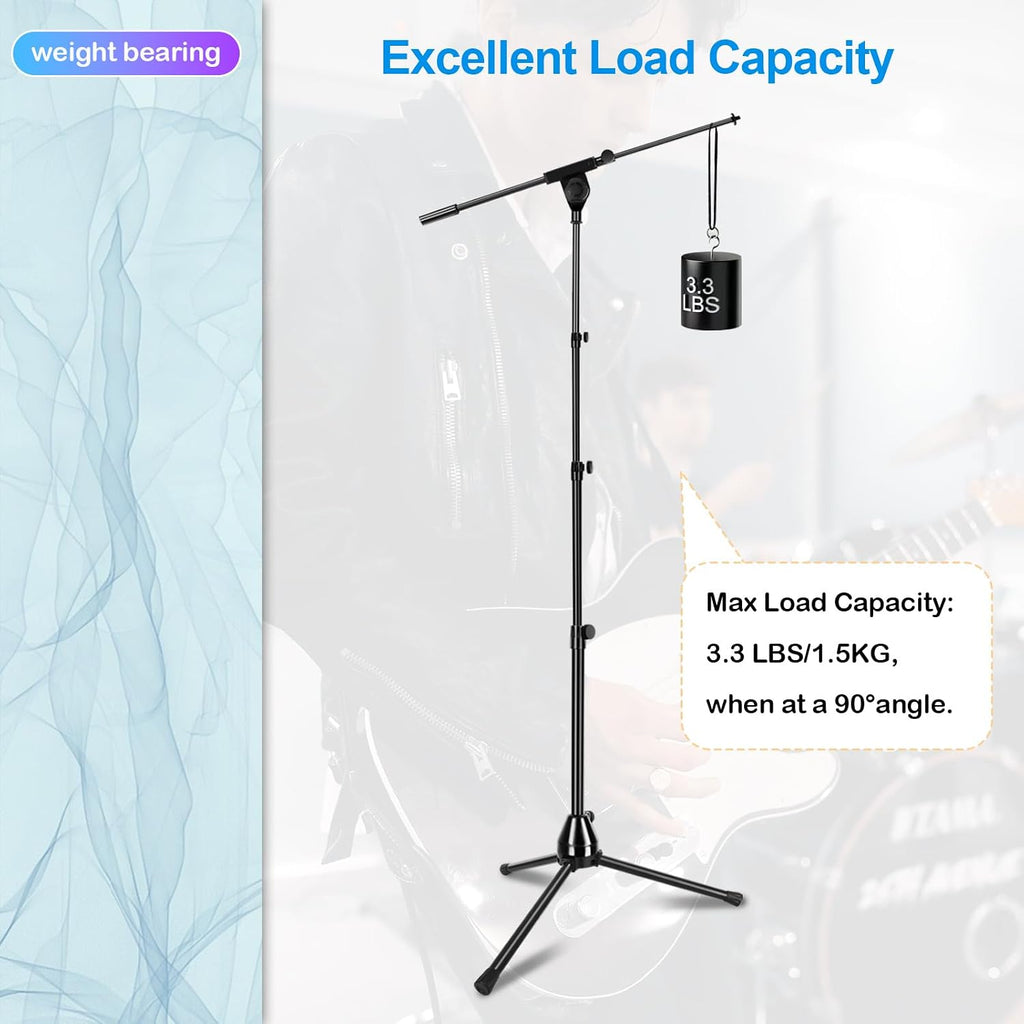 Microphone Stand Floor Foldable Mic Stand Heavy Duty Tripod Boom Arm with 2 Screws Adapter 2 Mic Clips 2 Foam Covers