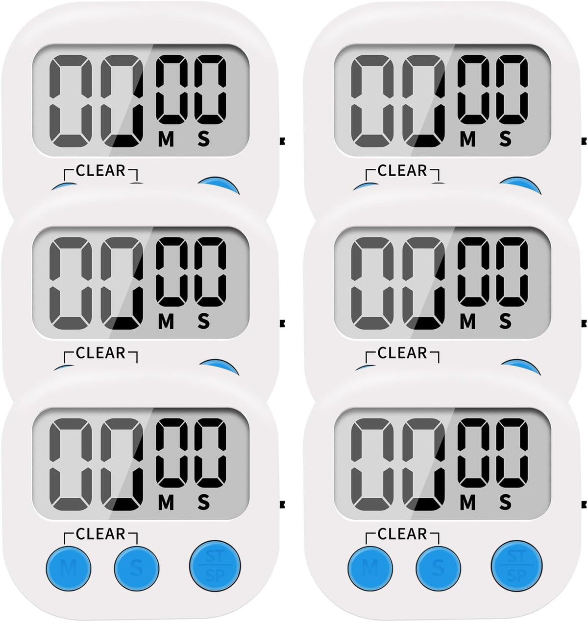 6 Pack Small Digital Kitchen Timer Magnetic Back and ON/Off Switch,Minute Second Count Up Countdown, White