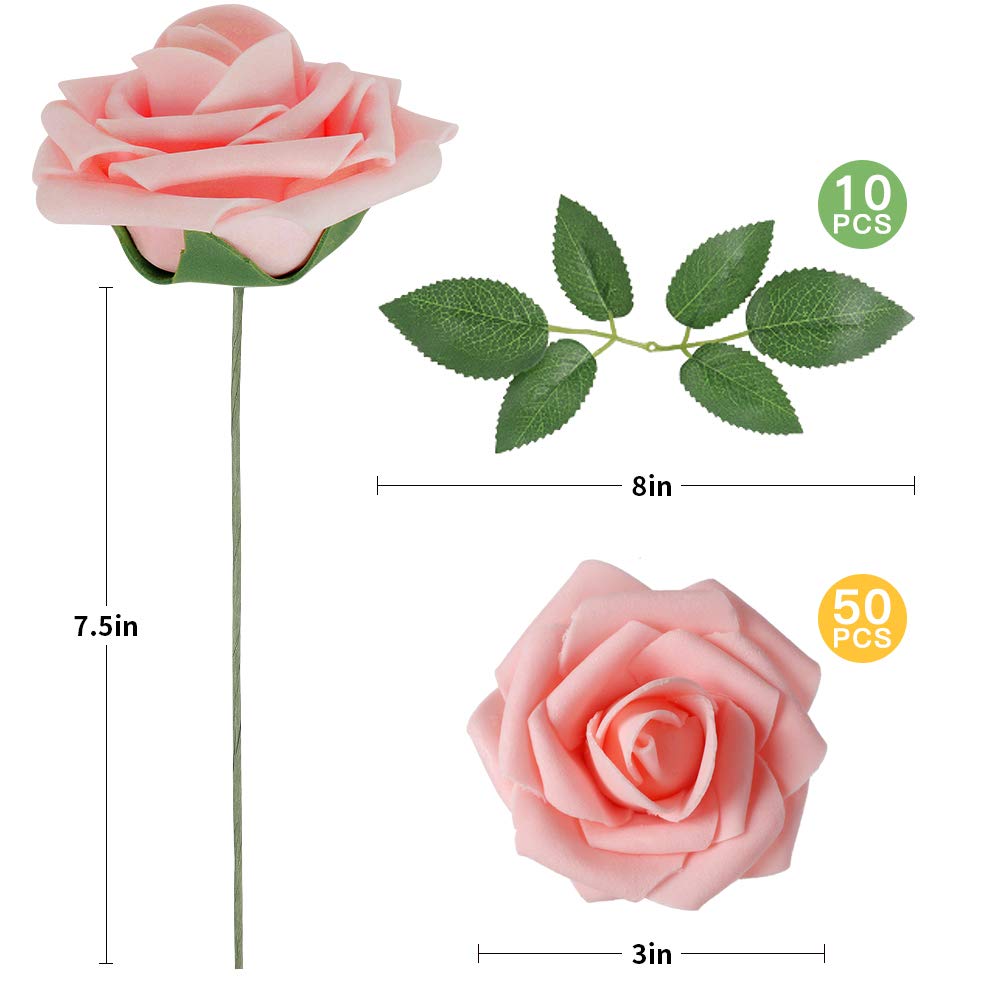 Pink Rose 50pcs Real Looking Artificial Flowers w/Stem