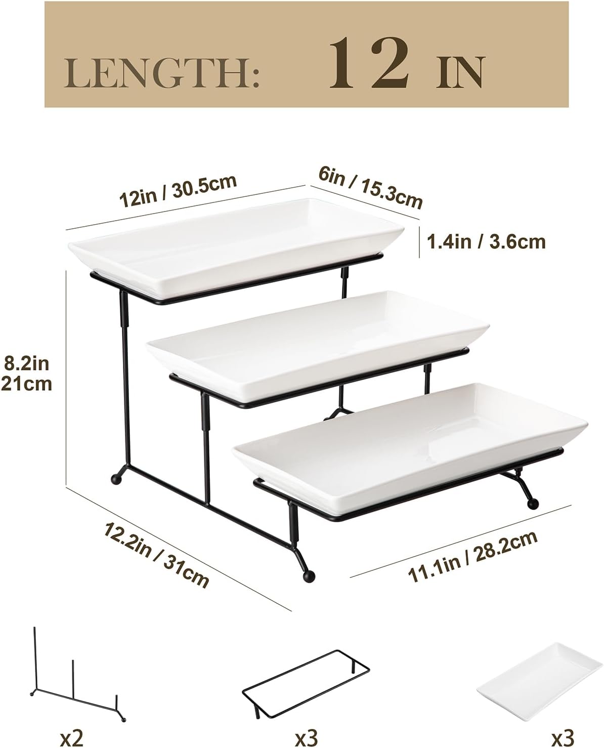 3 Tier Serving Trays, White Porcelain Serving Platters, 12 Inch
