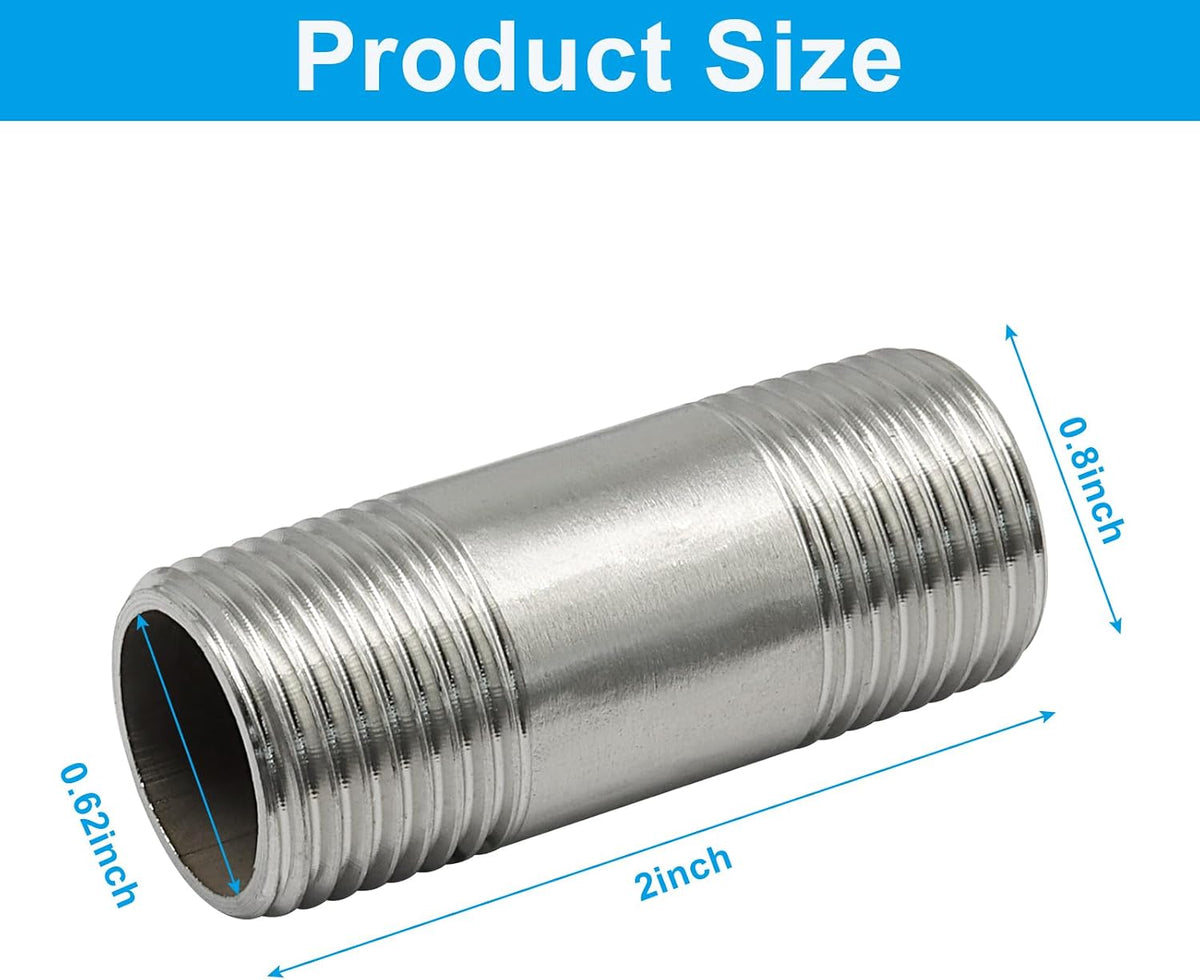 2" Stainless Steel Nipple Pipe Fitting, 1/2" NPT, 2 Pcs