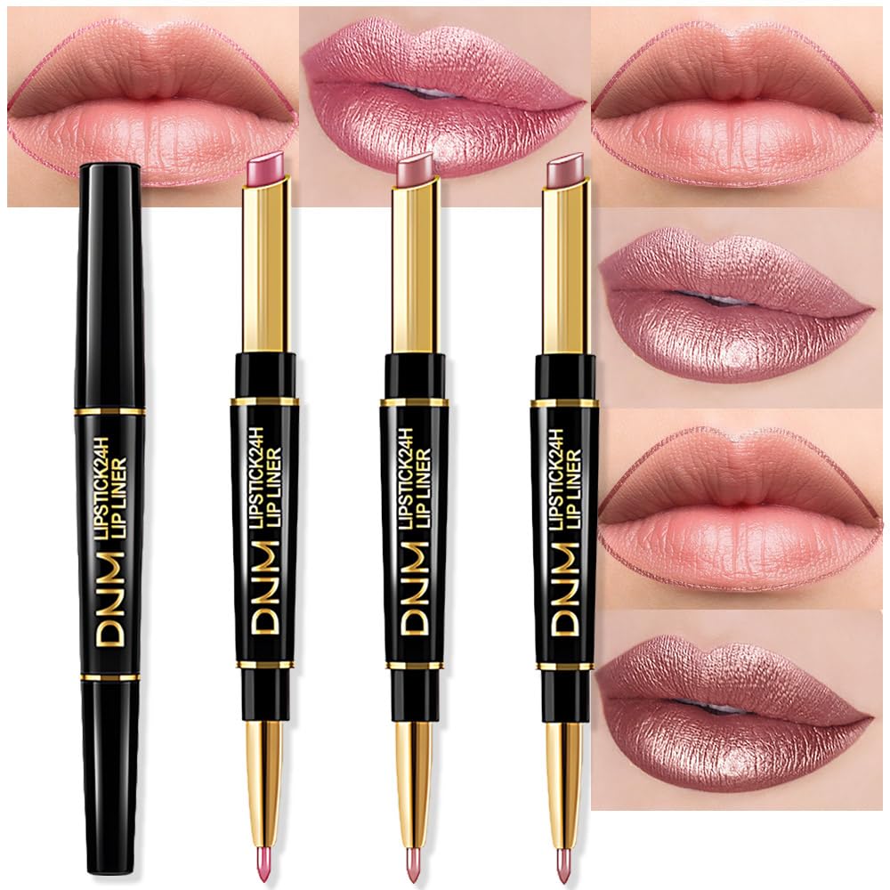 3Pcs Light Pink Nude Brown Metallic Shine Shimmer Lip Liner and Lipstick Combo Set Kit for Women, Lightweight