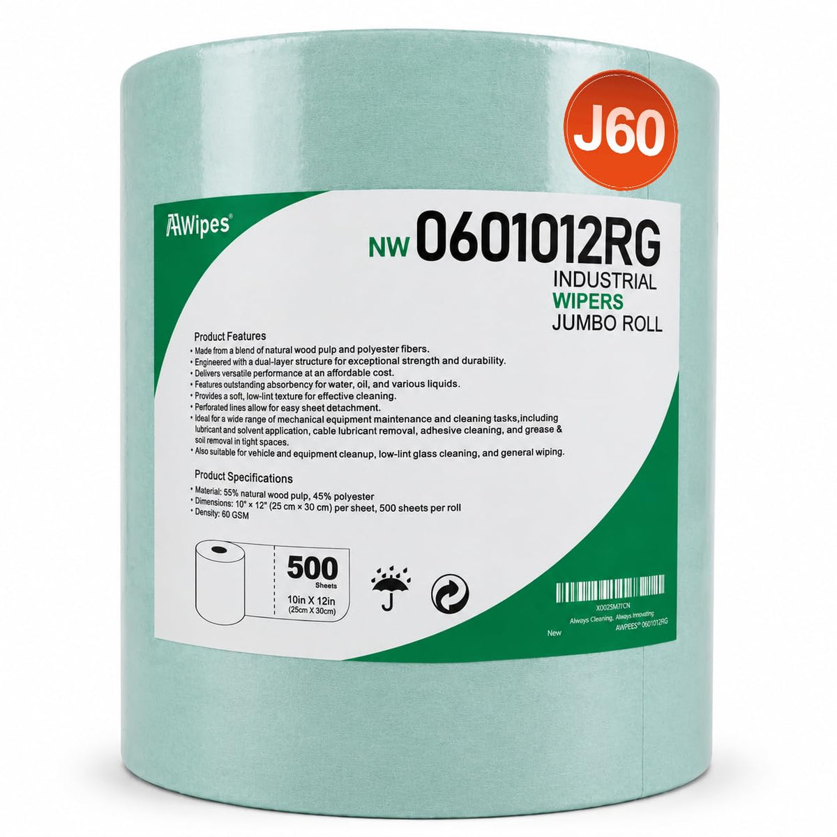 Cleanroom Wipes Roll, 10x12" 500 Sheets Green, Cellulose Polyester