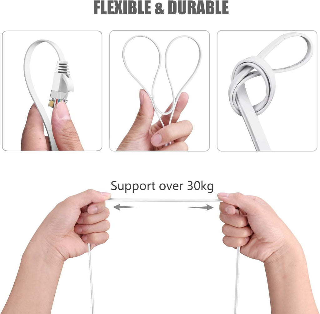 Cat6 Ethernet Cable 50 FT White, Cat-6 Flat RJ45 Computer Internet LAN Network Ethernet Patch Cable Cord - 50 Feet