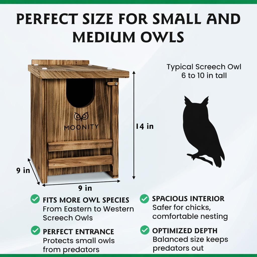 Fire-Treated Cedar Owl House – 14" x 9" x 9" All-Season Nesting Box for Screech, Kestrel & More – Durable