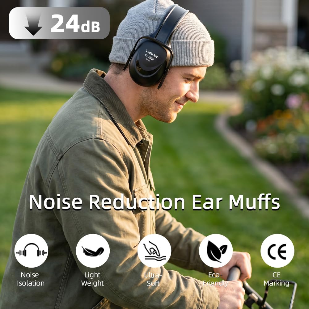 31dB Noise Reduction Earmuffs, Foldable Hearing Protection, Black