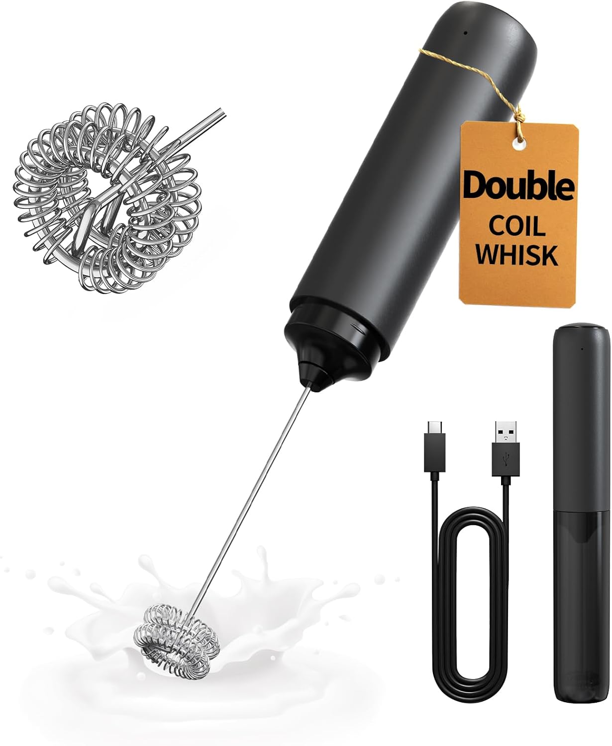 Rechargeable Milk Frother Hanheld, Dual Coil Whisk Head Electric Coffee Frother, Portable Hand Frother Wand Drink