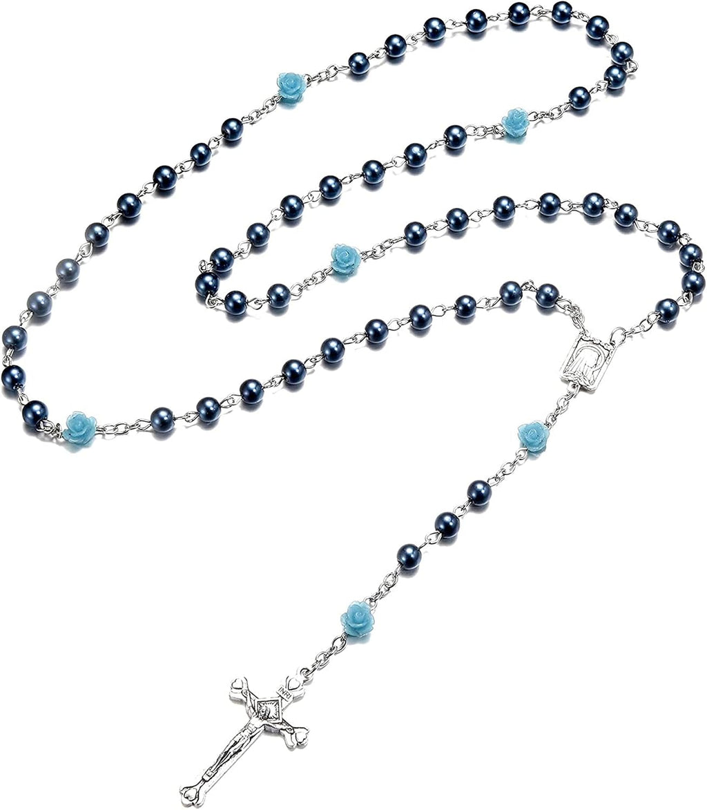 Rosary Beads Catholic Necklace Holy Soil Medal Cross Crucifix with Metal Box and 18pcs Prayer Cards