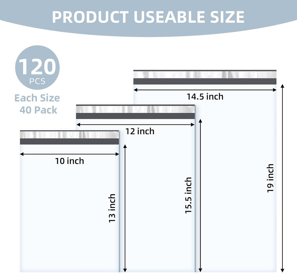 120 Pack White Poly Mailers Variety Pack, 10x13&12x15.5&14.5x19