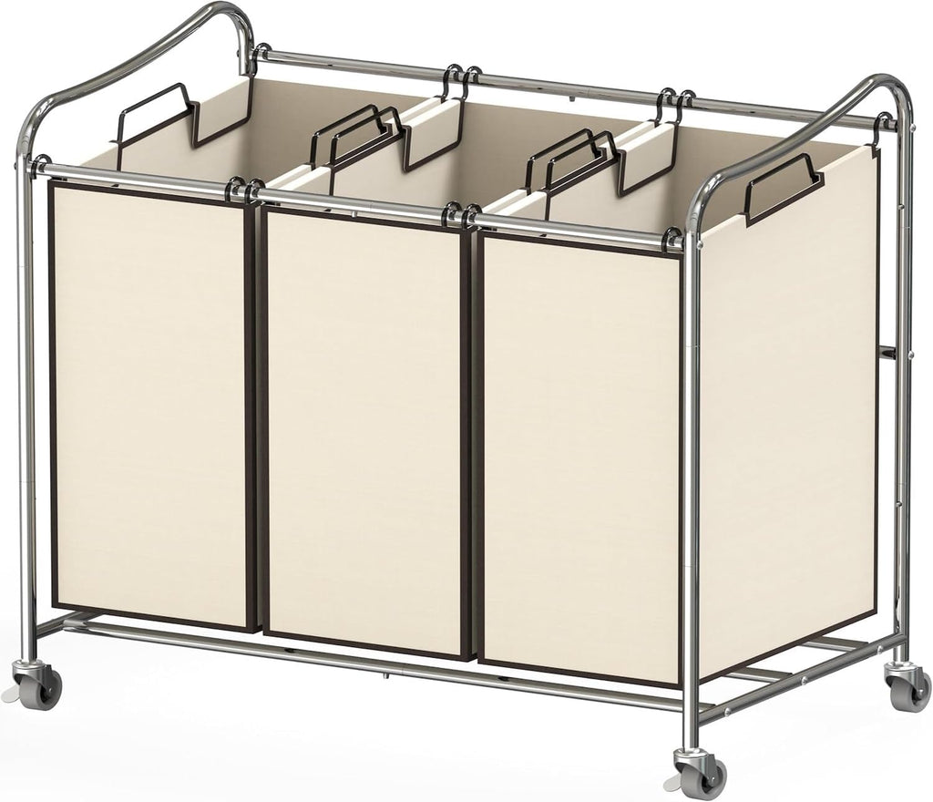 Heavy Duty 3-Bag Laundry Sorter Rolling Cart, Chrome | Removable Bags and Lockable Wheels for Laundry Room Organization