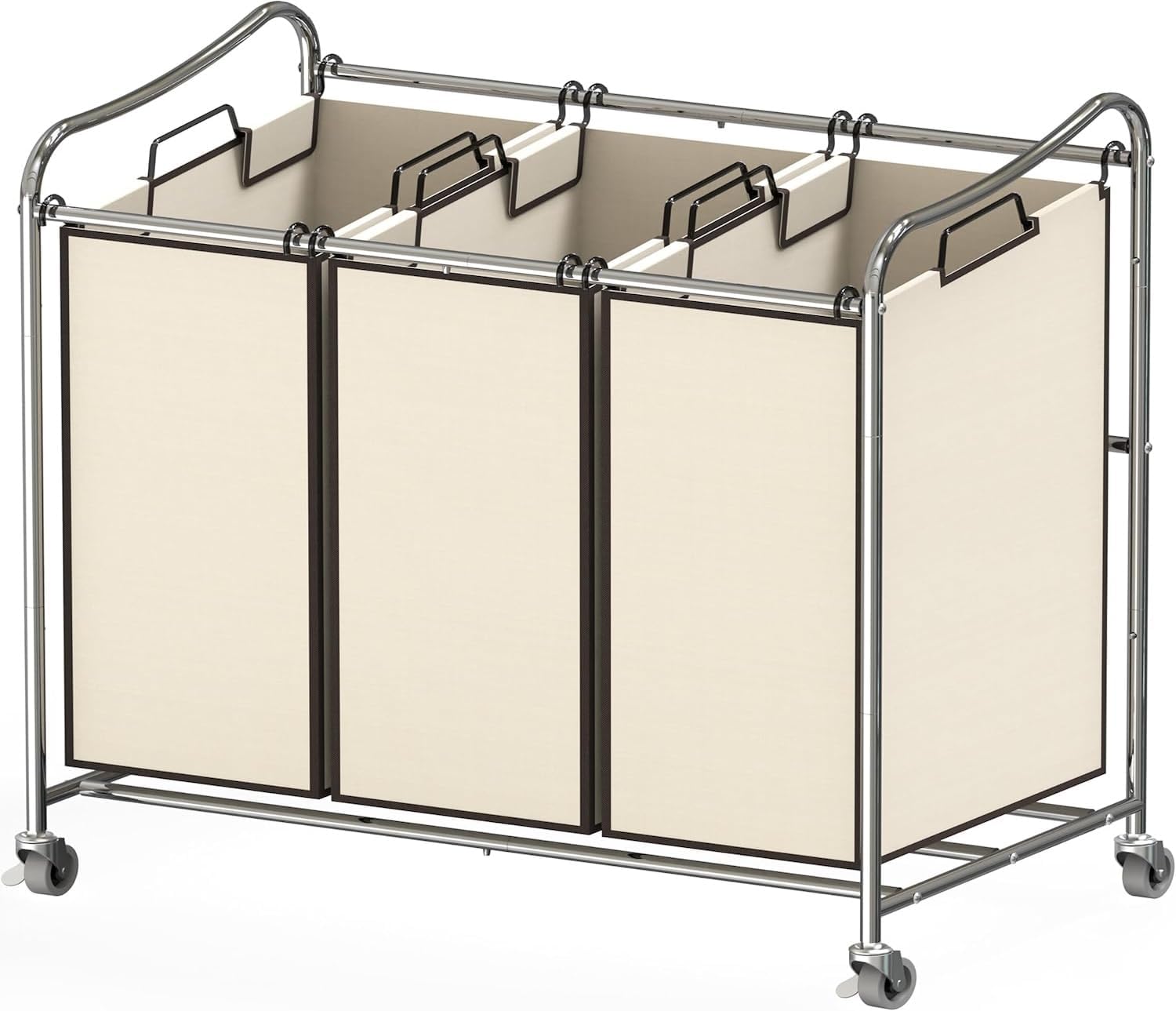 Heavy Duty 3-Bag Laundry Sorter Rolling Cart, Chrome | Removable Bags and Lockable Wheels for Laundry Room Organization