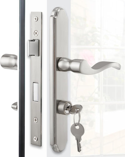 MaxxGeek Flat Slot Storm Door Handle Complete Set, Mortise Keyed Lever Mount Latch with Deadbolt for Screen and Storm Doors (Brushed Nickel)