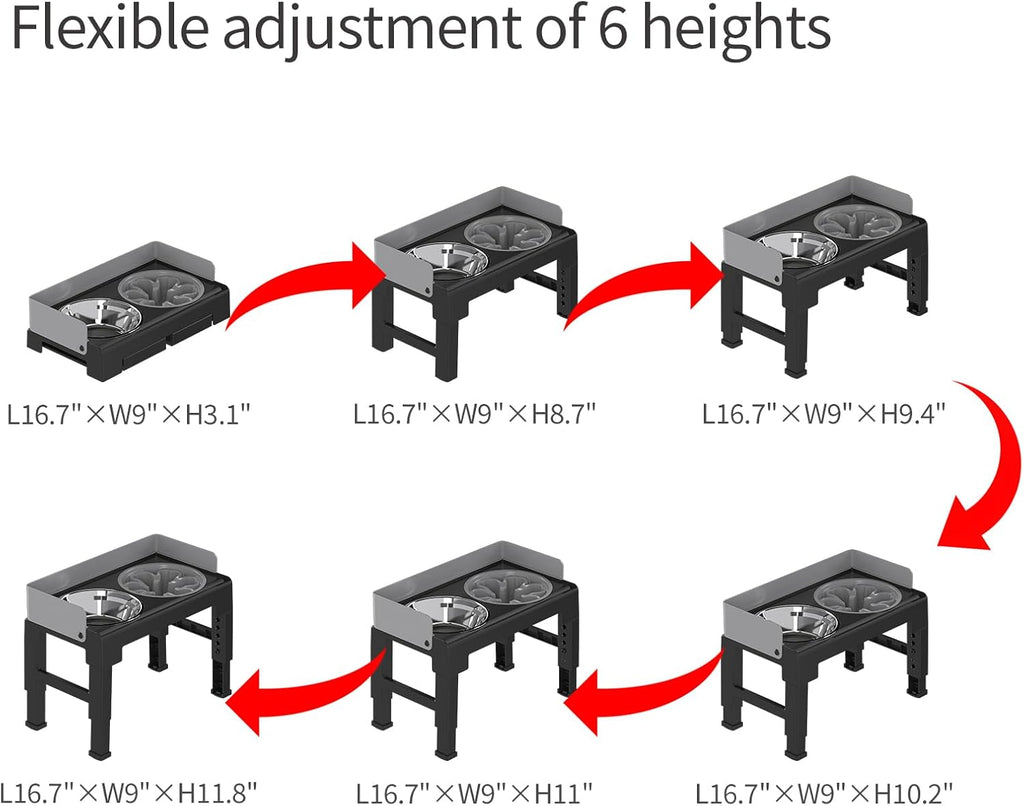 Elevated Dog Bowls, Spill Proof, Tiltable Dog Feeder with 1 Slow Feeder Bowl &1 Stainless Steel Bowl, 6 Height