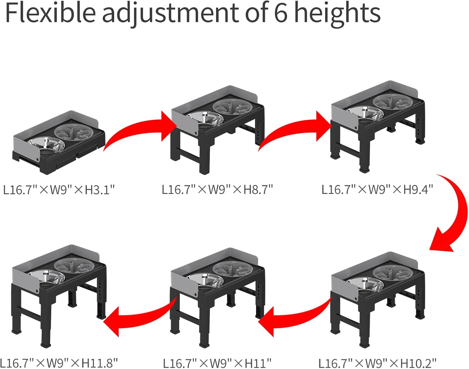 Elevated Dog Bowls, Spill Proof, Tiltable Dog Feeder with 1 Slow Feeder Bowl &1 Stainless Steel Bowl, 6 Height