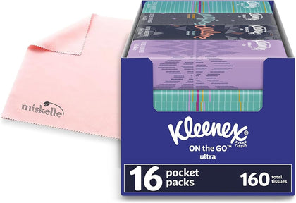 White Facial Tissue 16 Pocket Packs of 10 Kleenx + Bonus Microfiber Cloth by Miskelle