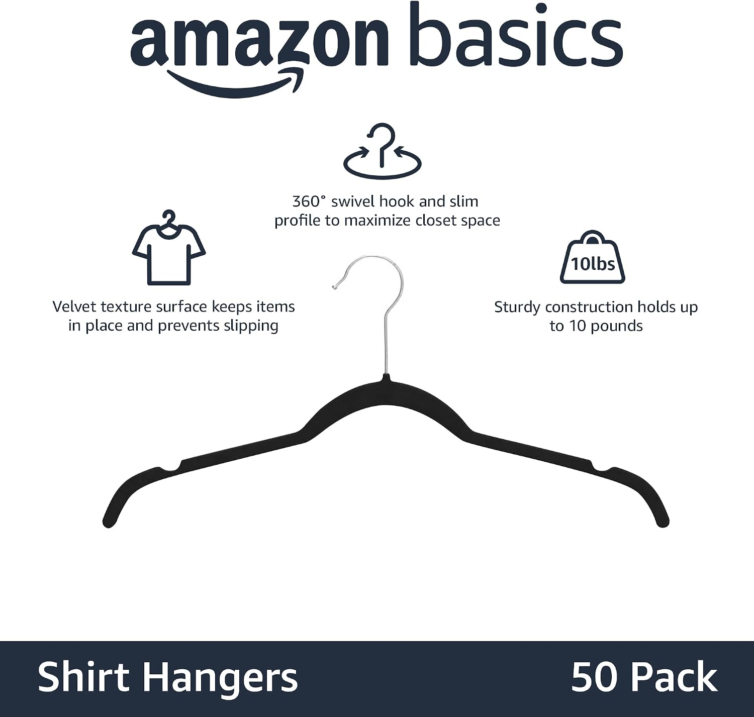 Space-Saving Slim Velvet Non-Slip Clothes Hangers for Closet Organization, Sturdy with Shoulder Notches, Black, 50-Pack