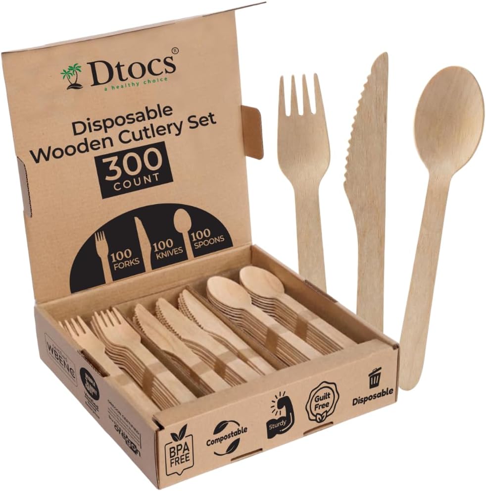 Wooden Cutlery Set (300 Pcs) | 100 Forks, Spoons & Knives Party Pack