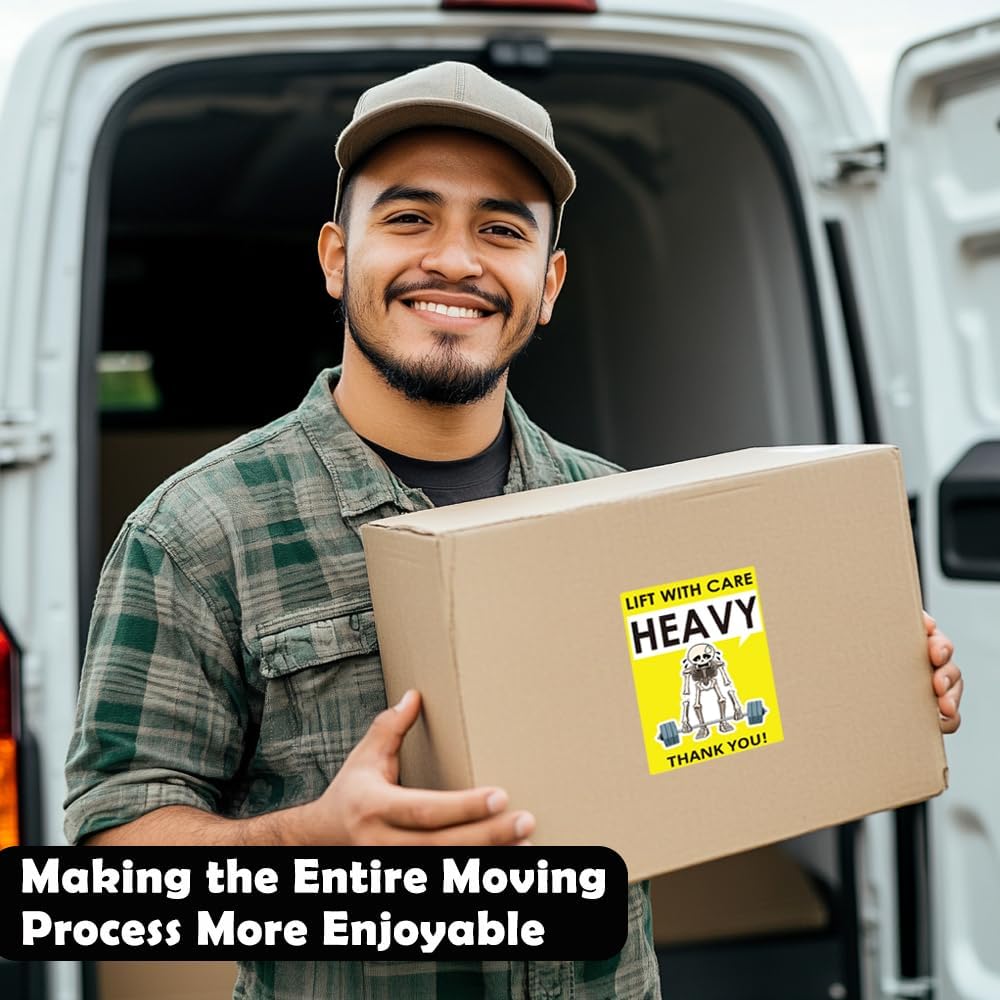3x2 Inch Heavy Lift with Care Stickers, Strong Adhesive Labels for Shipping, Funny Skeleton & Elephant Design