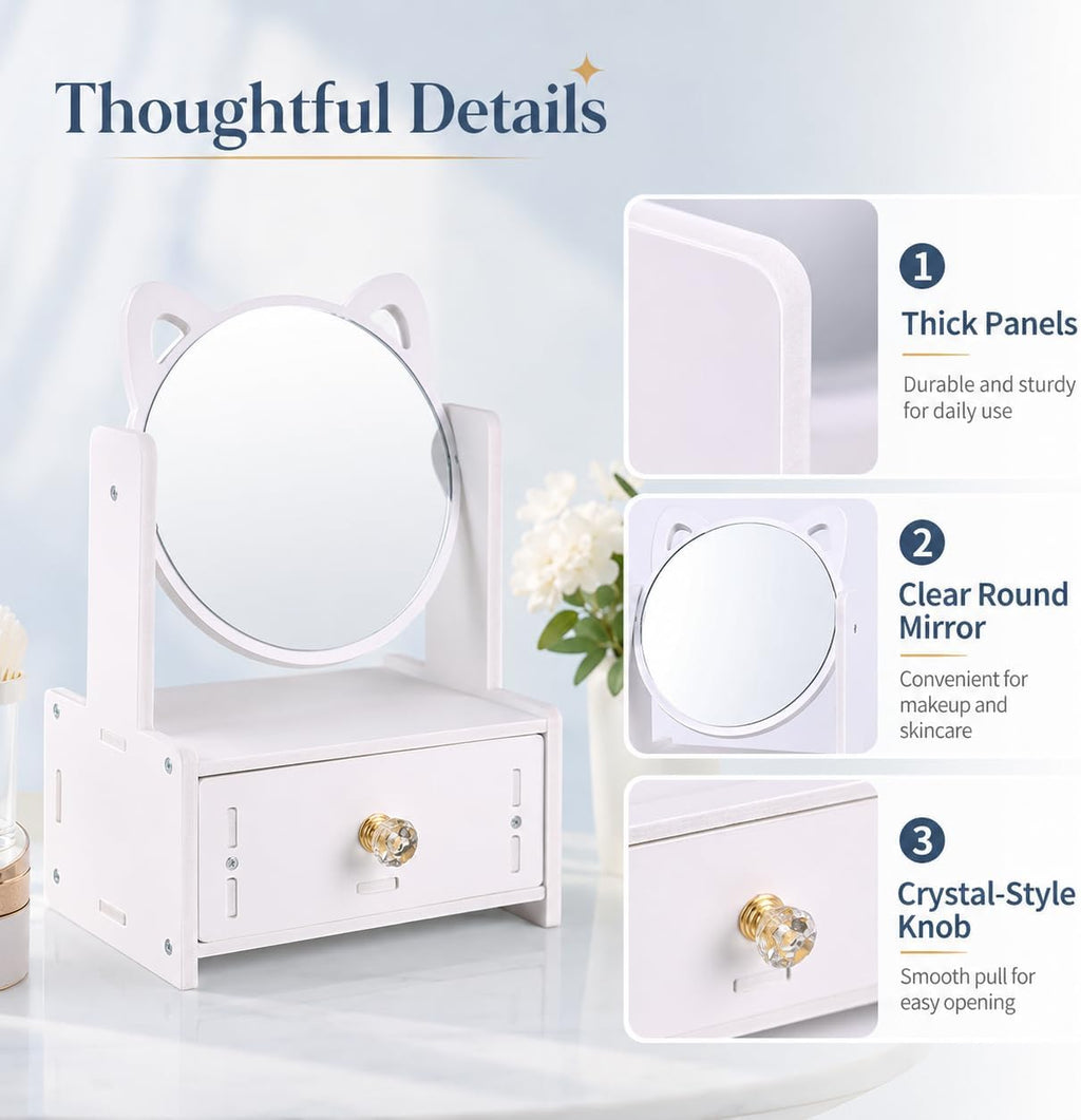 Desktop Makeup Mirror Organizer with Drawers, Compact Vanity Storage Box, Round Mirror, Cosmetic, Skincare and Jewelry
