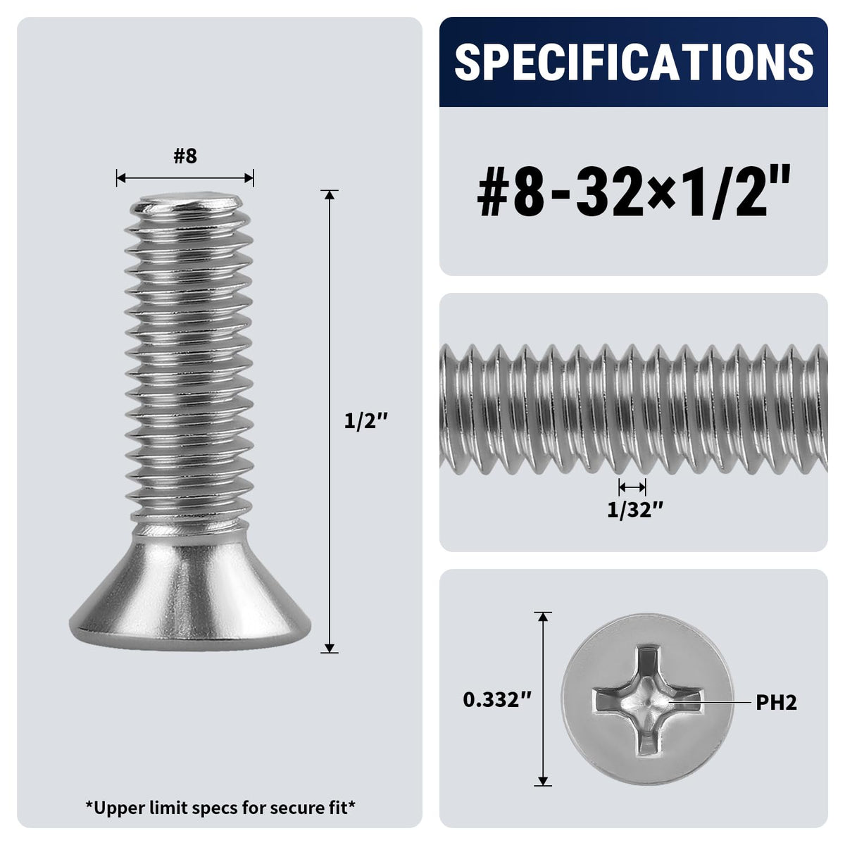 #8-32 x 1/2" Phillips Flat Head Machine Screws, 304 SS, 100pcs