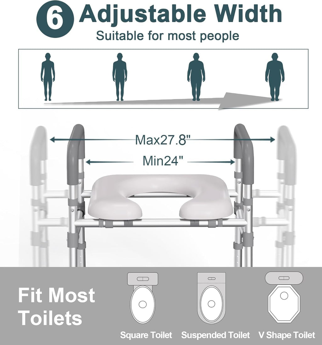 Raised Toilet Seat with Handles, 500lb Toilet Seat Riser for Seniors with Bedpan, Adjustable Height & Width, Handicap