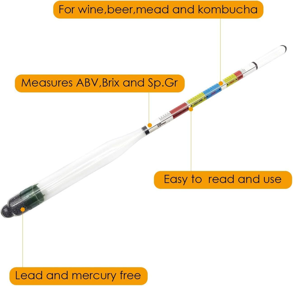 Hydrometer and Test Jar for Wine, Beer and Kombucha - Including 250ml Plastic Cylinder, Cleaning Brush and ABV