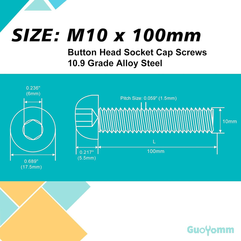 M10-1.5 x 100mm 6pcs Button Head Socket Cap Screws, M10 x 1.5 Bolts, 10.9 Grade Alloy Steel, Black Oxide Finish, Metric Allen Drive, Full Thread