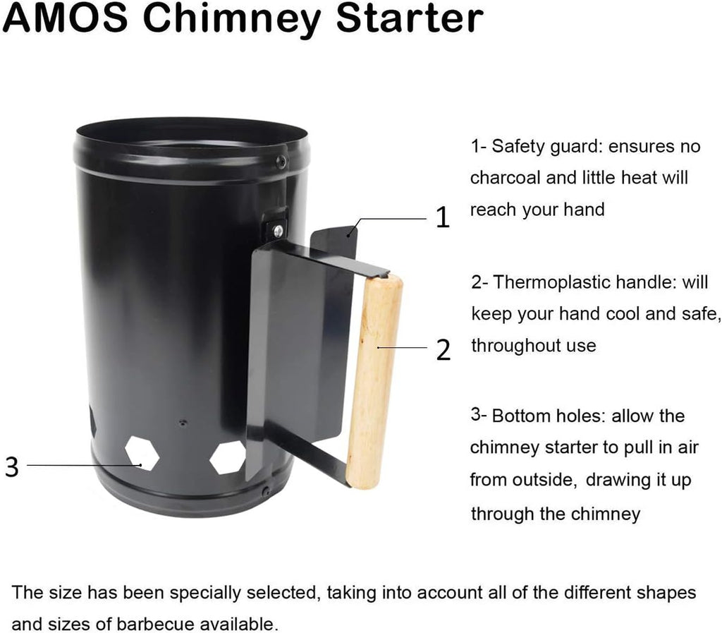 Charcoal Chimney Starter for Outdoor Cooking Barbecue BBQ Quick Rapid Fire Briquette Starters Can Black with Wooden