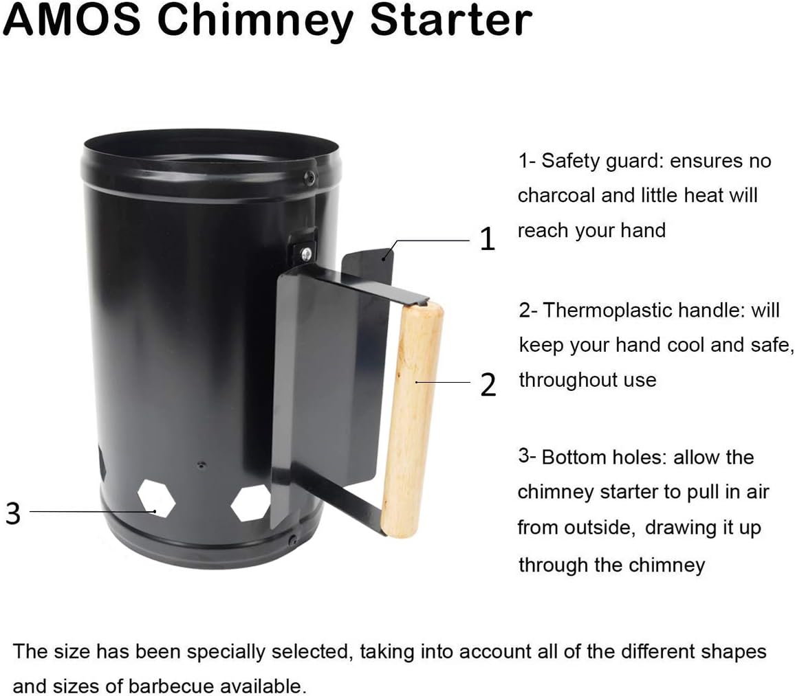 Charcoal Chimney Starter for Outdoor Cooking Barbecue BBQ Quick Rapid Fire Briquette Starters Can Black with Wooden