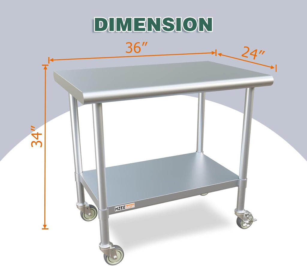 Stainless Steel Table with Wheels 36x24 Inches 3ft for Prep & Work