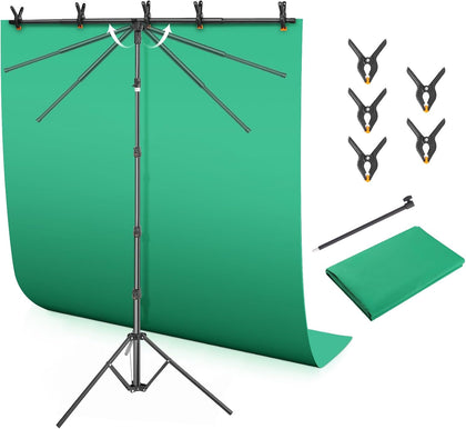 Green Screen Backdrop Kit with T-Shaped Stand 4.6x6ft Greenscreen | Adjustable Photography Background for Streaming