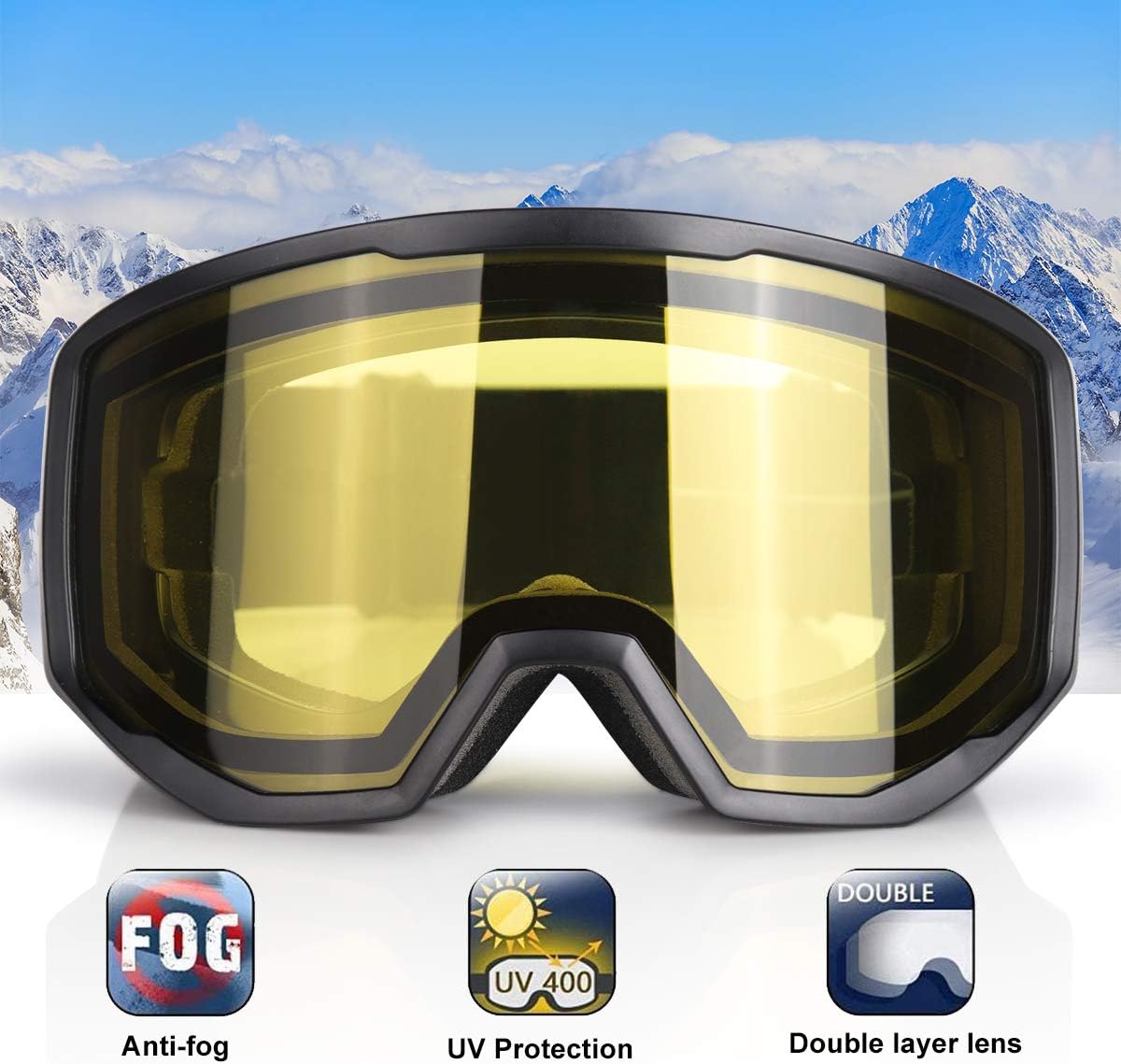 Ski/Snowboard Goggles for Men Women, OTG Snow Goggles Anti Fog UV Protection
