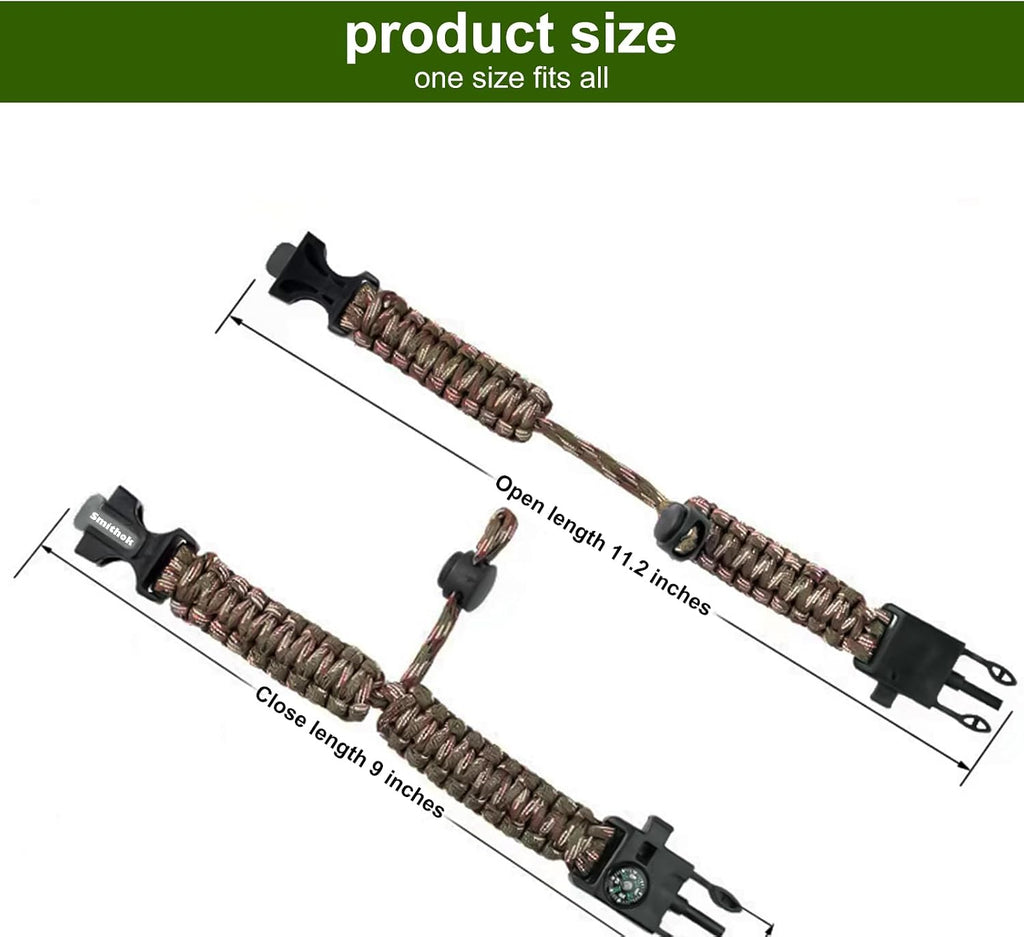 Paracord Survival Bracelet-Length Adjustable,Loud Whistle Emergency Compass Survival Fire Starter Scraper Accessories