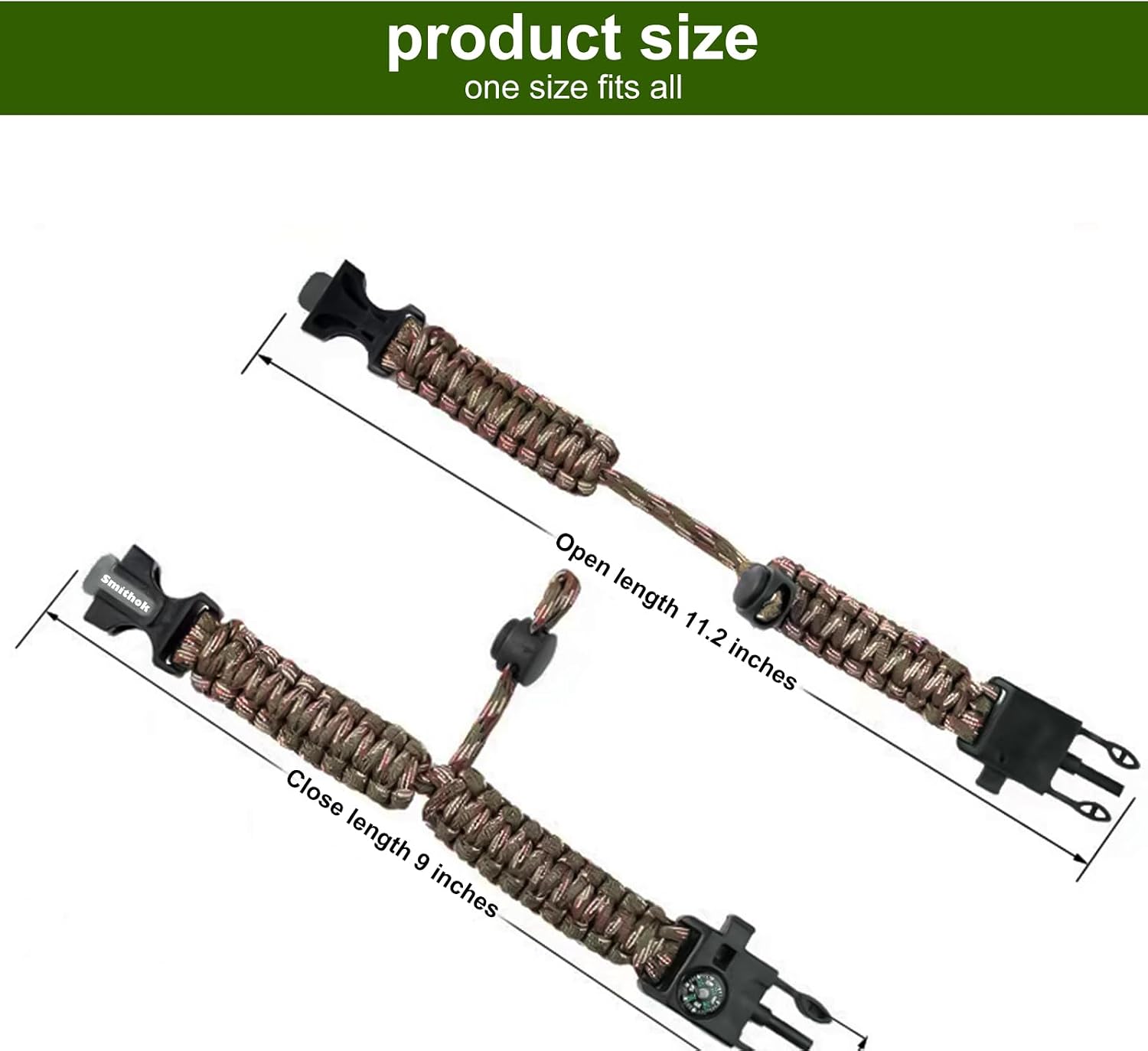 Paracord Survival Bracelet-Length Adjustable,Loud Whistle Emergency Compass Survival Fire Starter Scraper Accessories