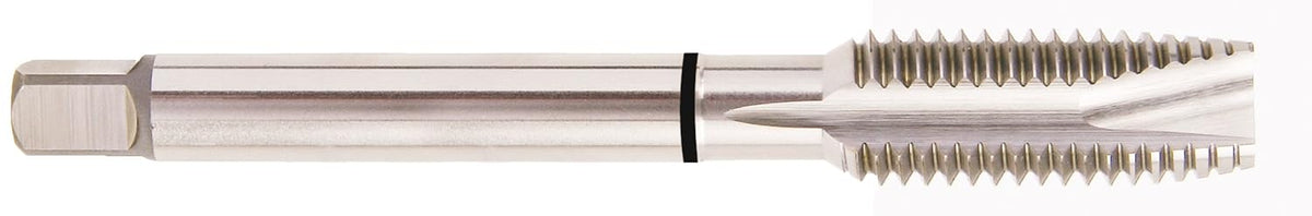 YG-1 T4 Series High Vanadium HSS Spiral Point Combo Tap, TiCN Coated, Round Shank with Square End, Plug Chamfer, #8-32 Thread Size, H3 Tolerance