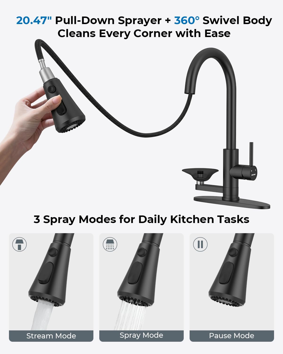 Kitchen Faucet with Glass Rinser, Pull Down Sparyer, 3 Water Modes