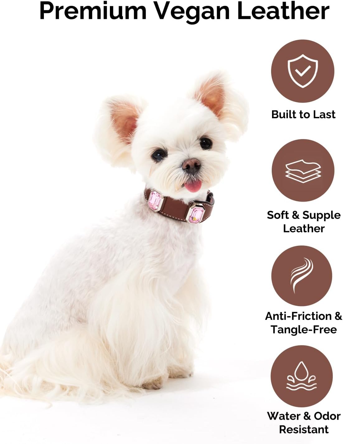 Vegan Leather Dog Collar with Emerald Cut Crystals, Caramel