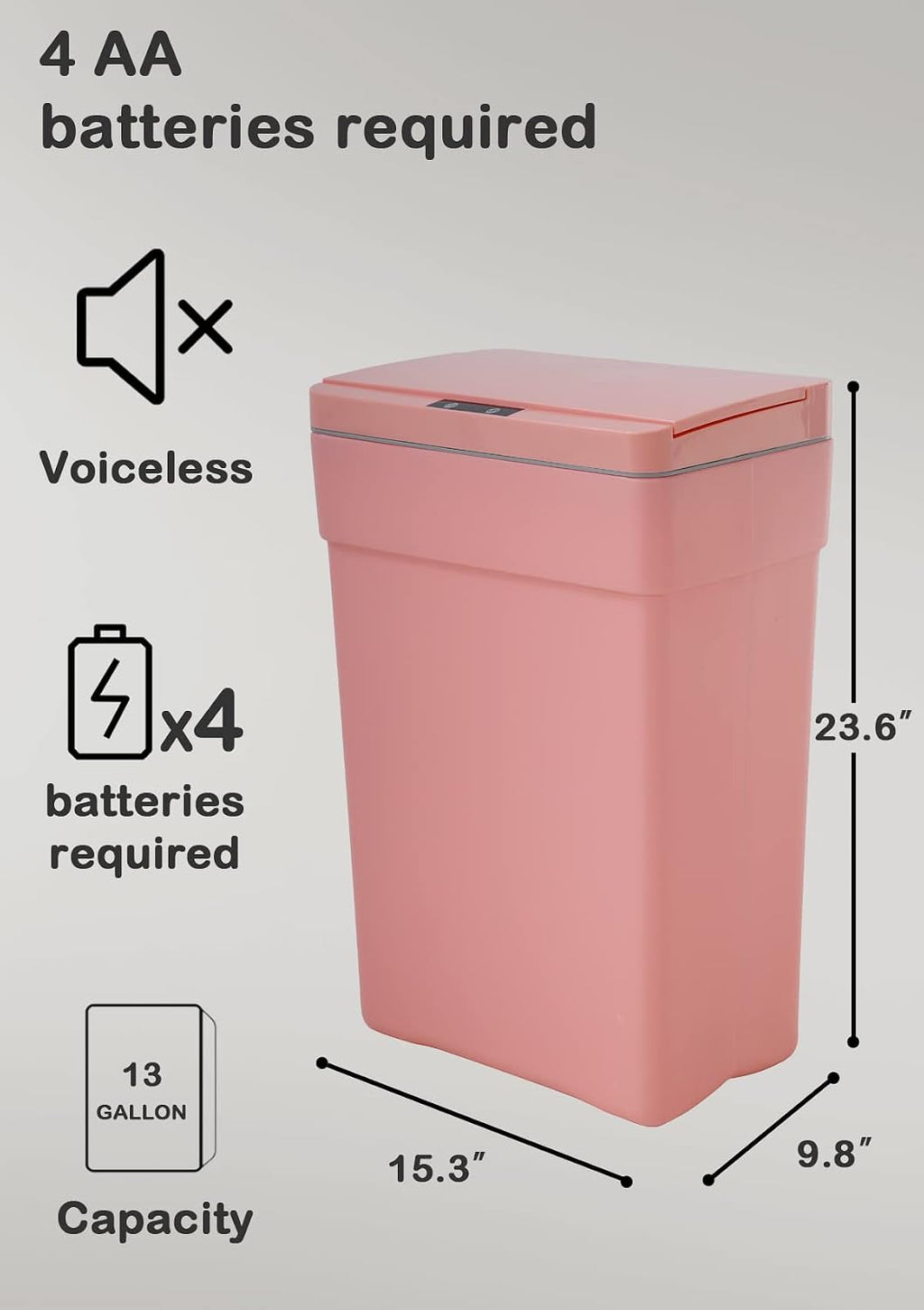 13 Gallon Motion Sensor Trash Can with Lid, Pink, Plastic