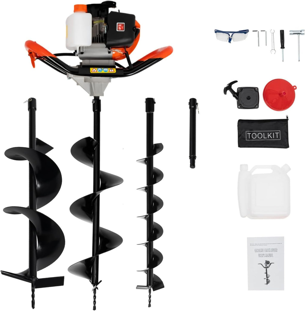 52CC 2.3HP Auger Post Hole Digger, 2 Stroke Gas Powered Earth Post Hole Digger with 3 Auger Drill Bits(4" & 6" & 8")