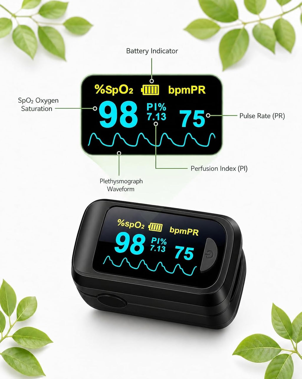 JKS50B Pulse Oximeter Fingertip - Blood Oxygen monitor Fingertip with Perfusion Index, Fast 5-8s Reading, Large OLED