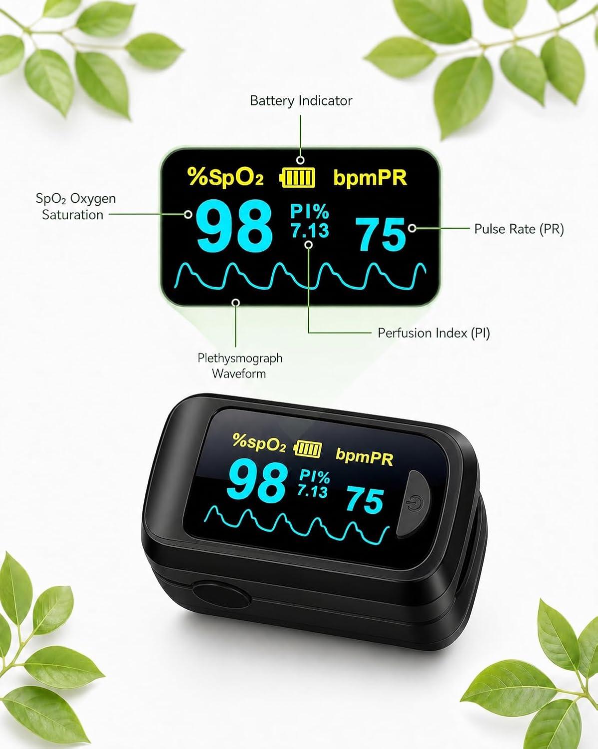 JKS50B Pulse Oximeter Fingertip - Blood Oxygen monitor Fingertip with Perfusion Index, Fast 5-8s Reading, Large OLED