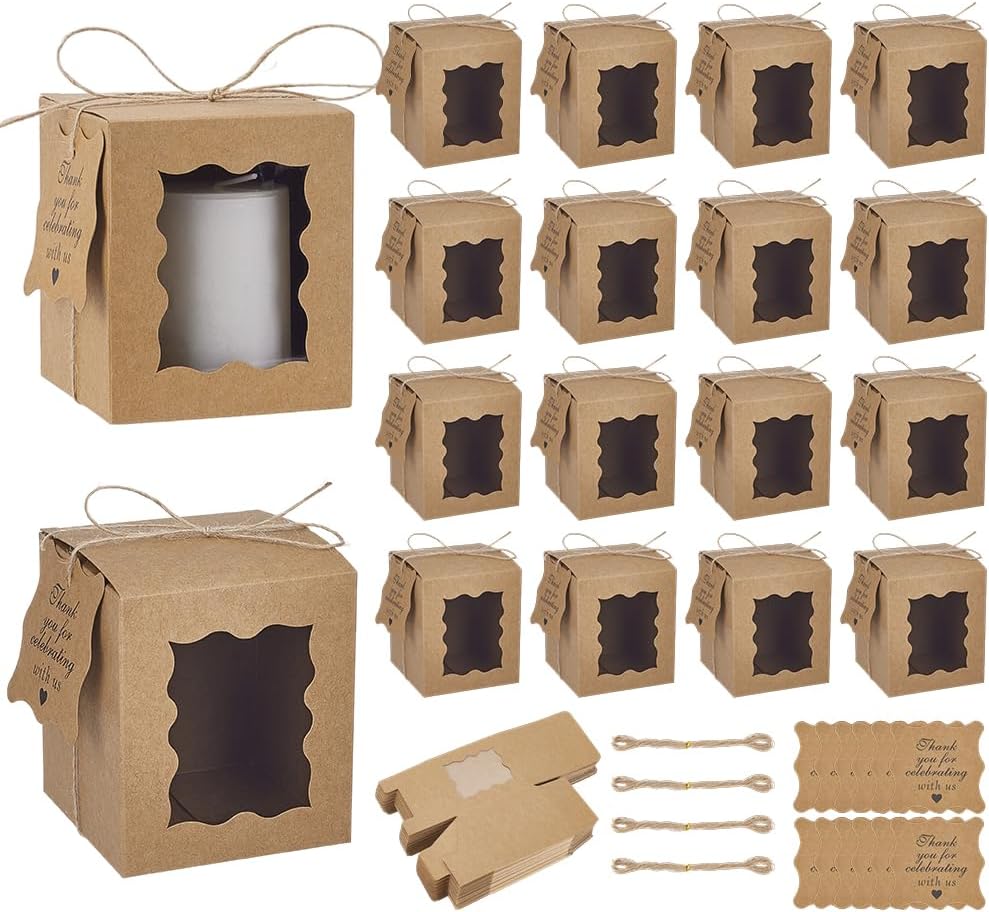 50pcs Candle Gift Boxes, Paper Gift Boxes 3.35x3.35x3.94inch Small Packaging Box with Visible Window Tags and Ropes