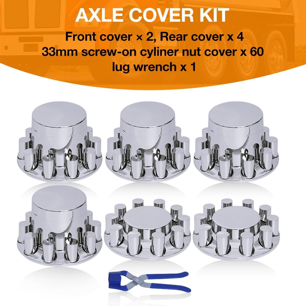 33mm Chrome ABS Flat Top Hub Cover Kit Axle Cover with 33mm Thread-on Lug Nut Covers 2 Front and 4 Rear Axle Wheel