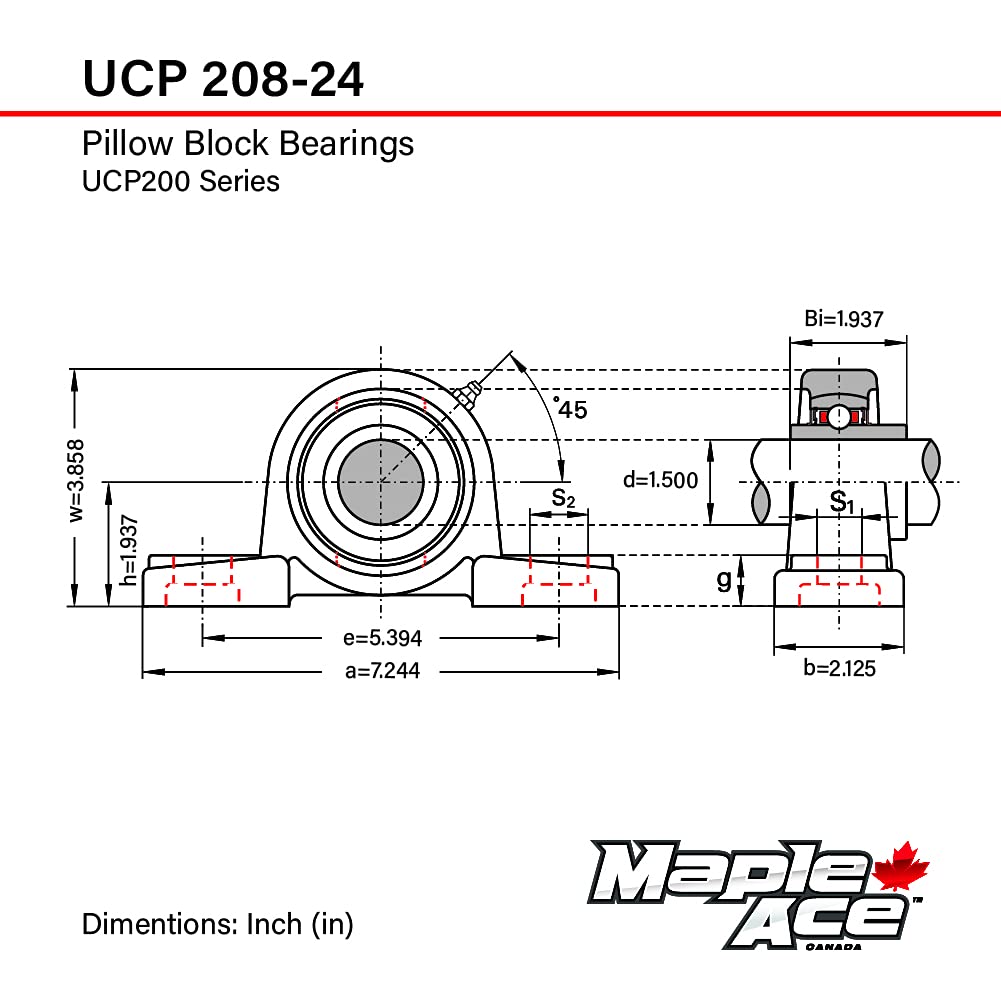 MAPLE ACE UCP208-24 Pillow Block Bearing 1-1/2” Bore Self-Aligning (Qty 1)