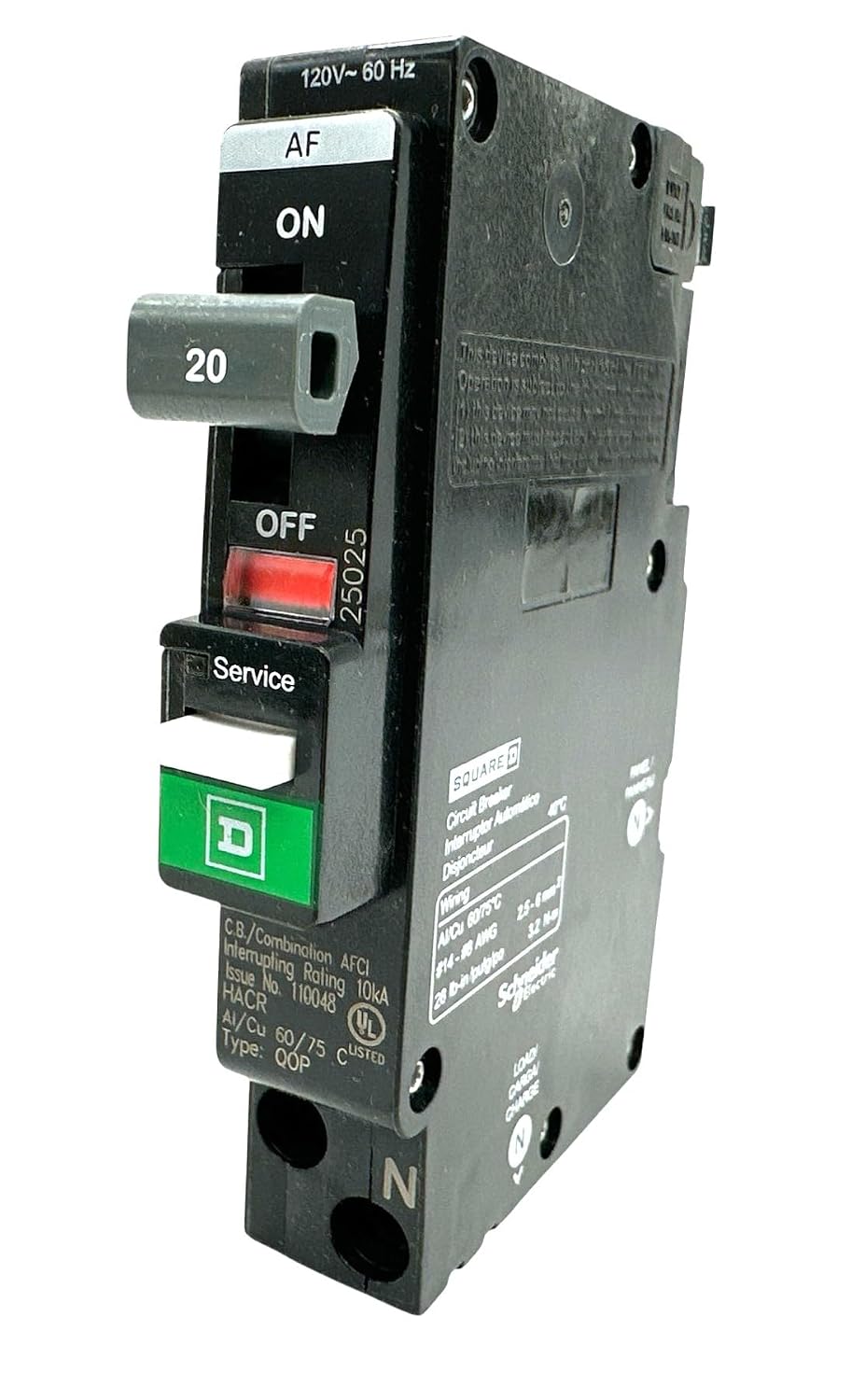 Square D QO120PAF (New Version of QO120PCAFI) Circuit Breaker, QO, 20 AMPS, 1 Pole, 120VAC, 10kA, Combo arc Fault, Plug on Neutral, Plug in Mount, UL Listed